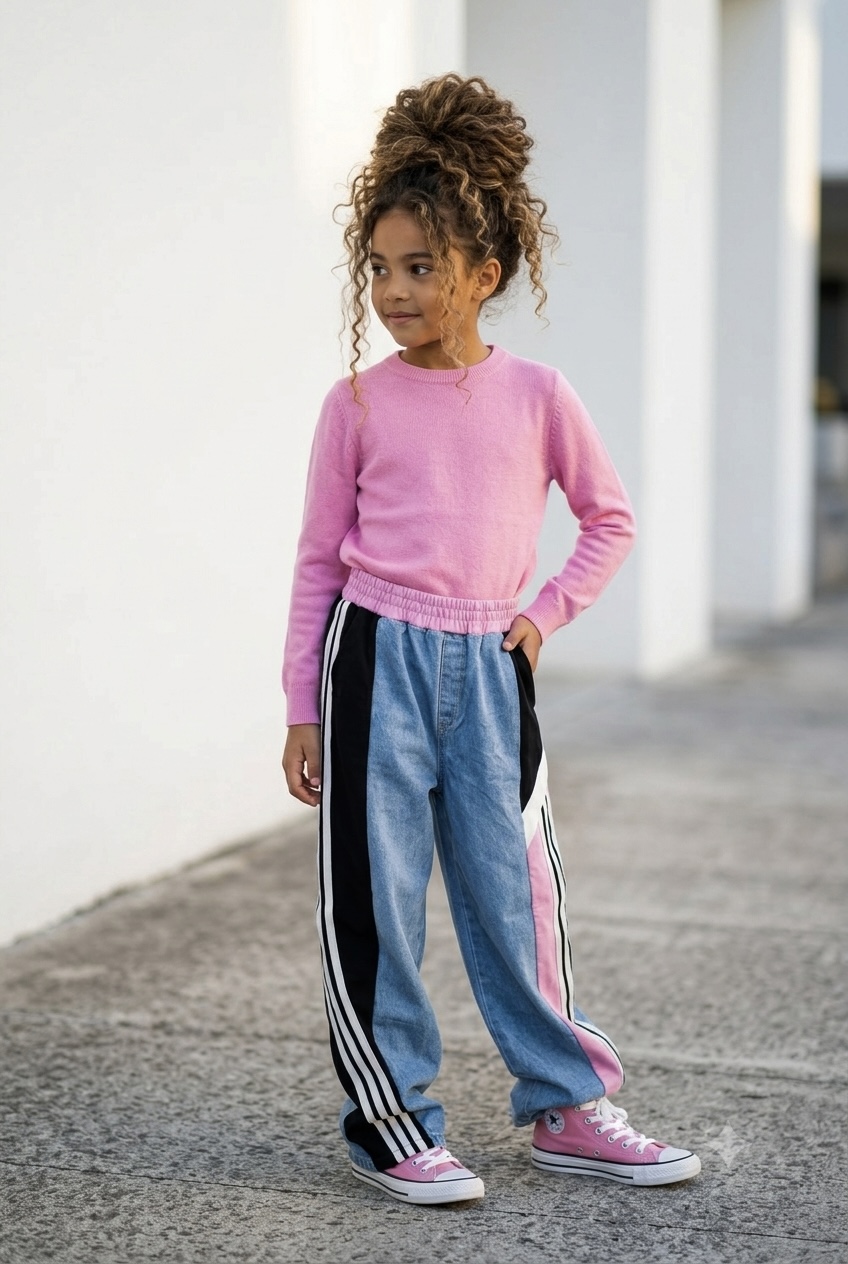 jeans large bande rose enfant