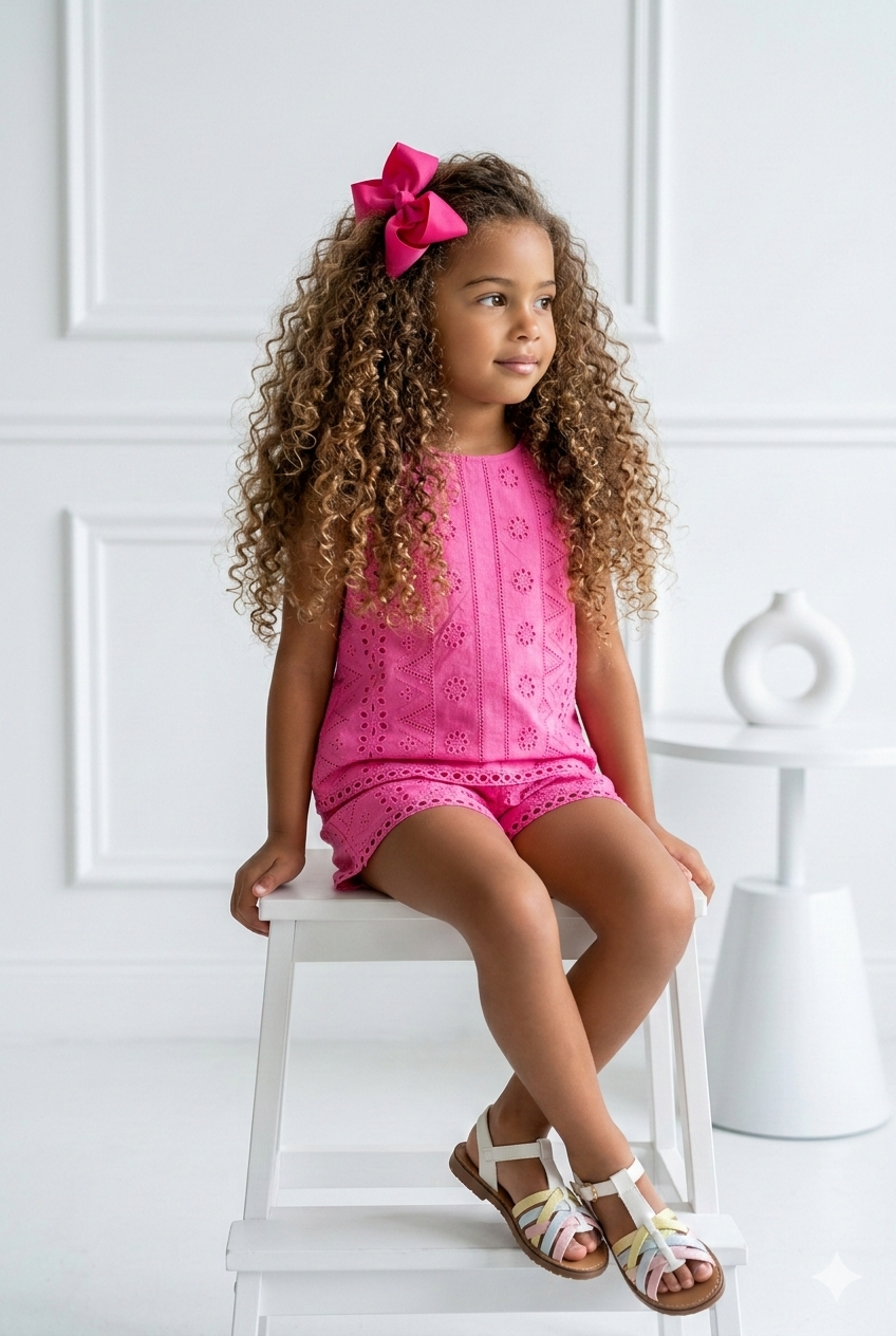 ensemble short broderie fuschia enfant