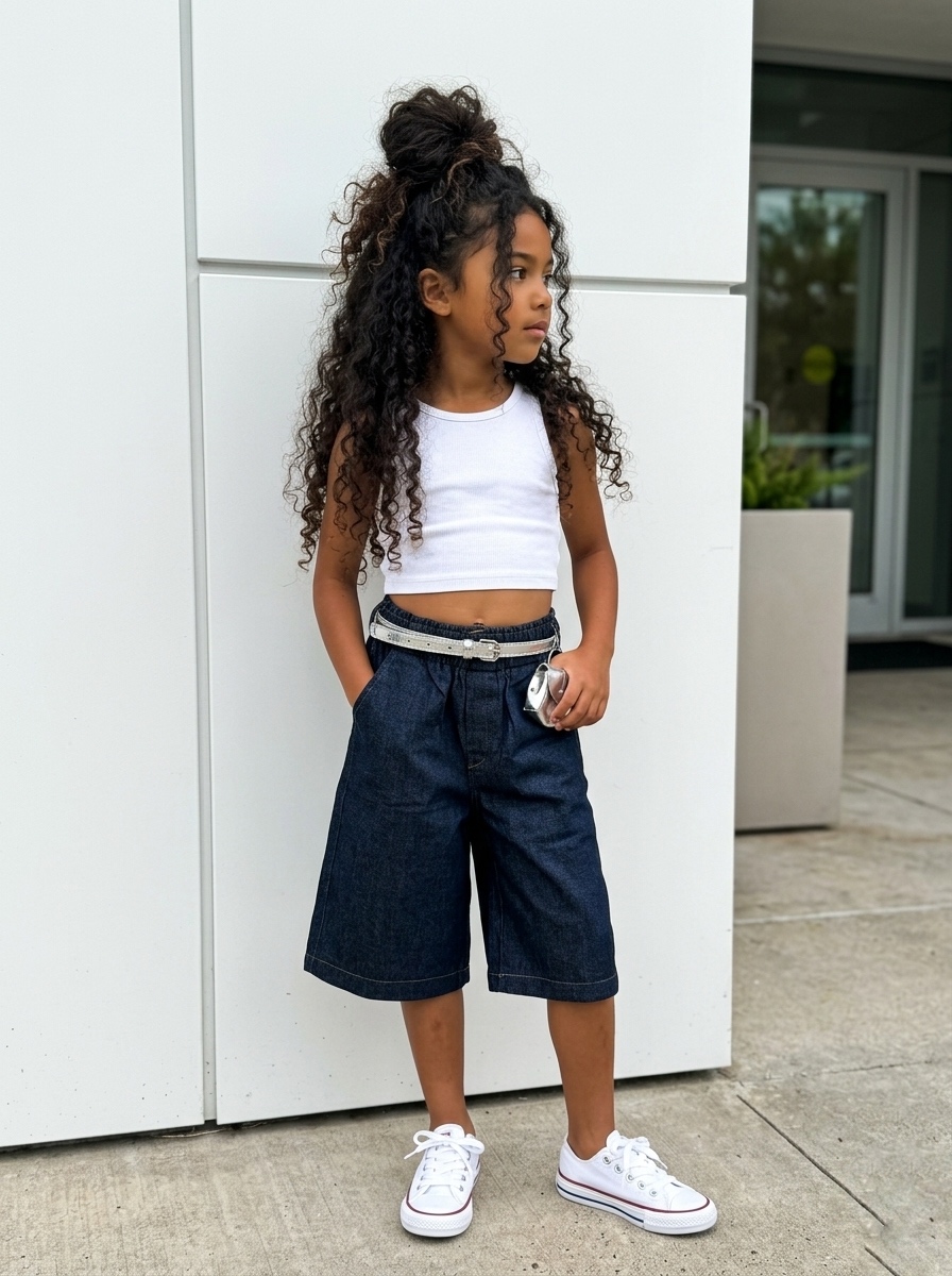Bermuda Enfant en Jean avec Ceinture Métallisée et Mini-Sac