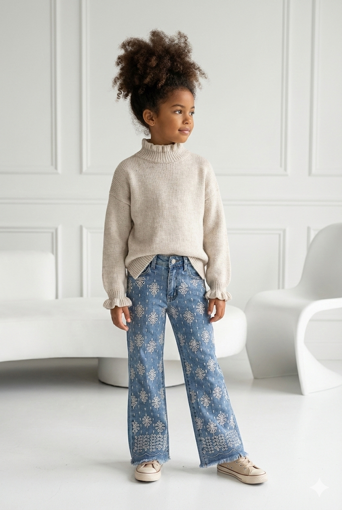 Jean Wide-Leg Enfant à Broderies Florales