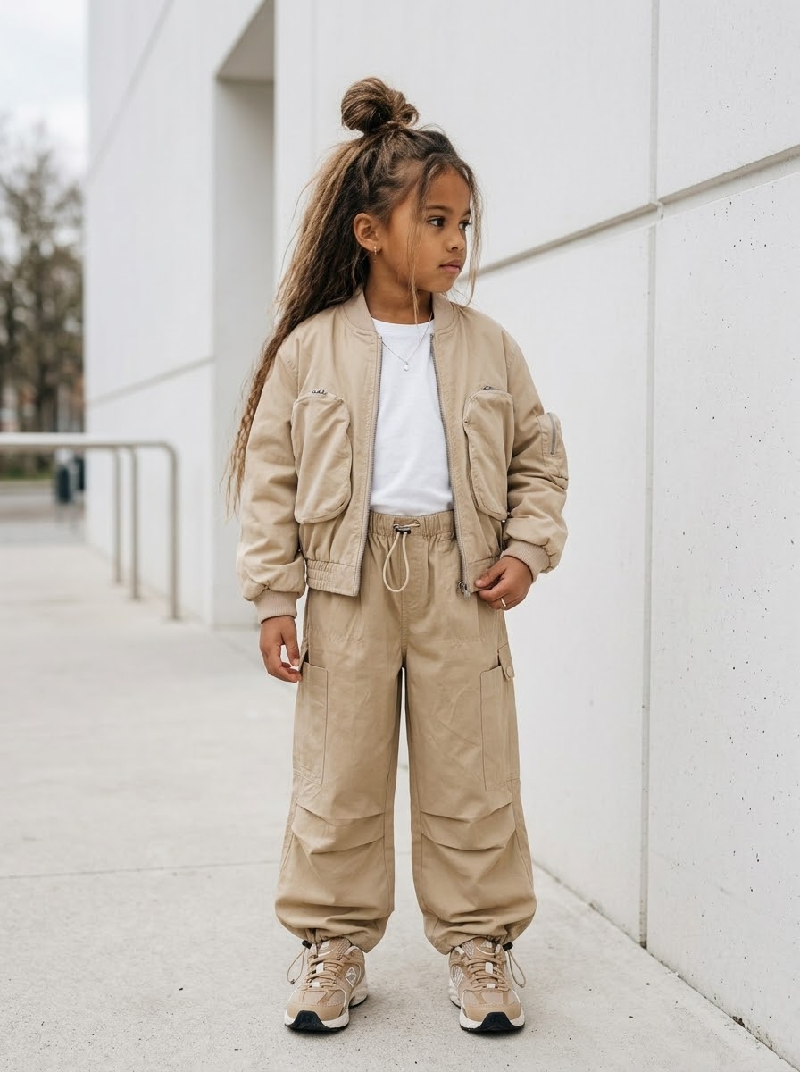 Pantalon Cargo Beige Enfant Coupe Ample Parachute – Pantalon Streetwear Unisexe Taille Élastiquée
