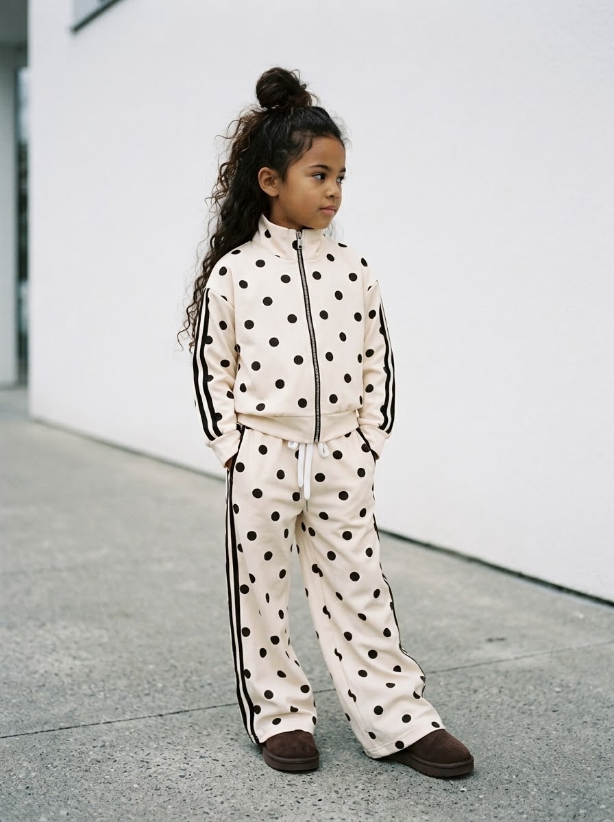 Ensemble Survêtement à Pois Enfant – Veste Zippée & Pantalon Évasé Streetwear