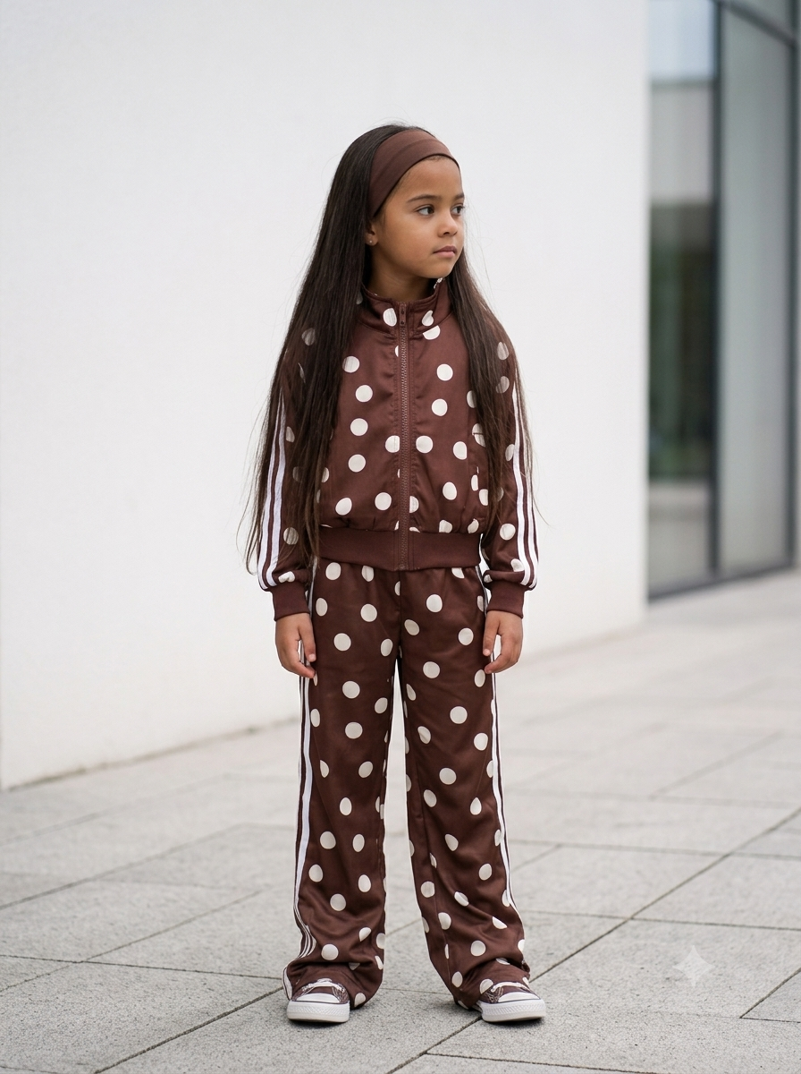 Ensemble Survêtement Satiné Marron à Pois Fille – Veste Zippée & Pantalon Droit