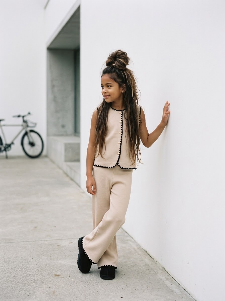 Ensemble 2 pièces en maille beige Enfant – Gilet sans manches & pantalon large à festons