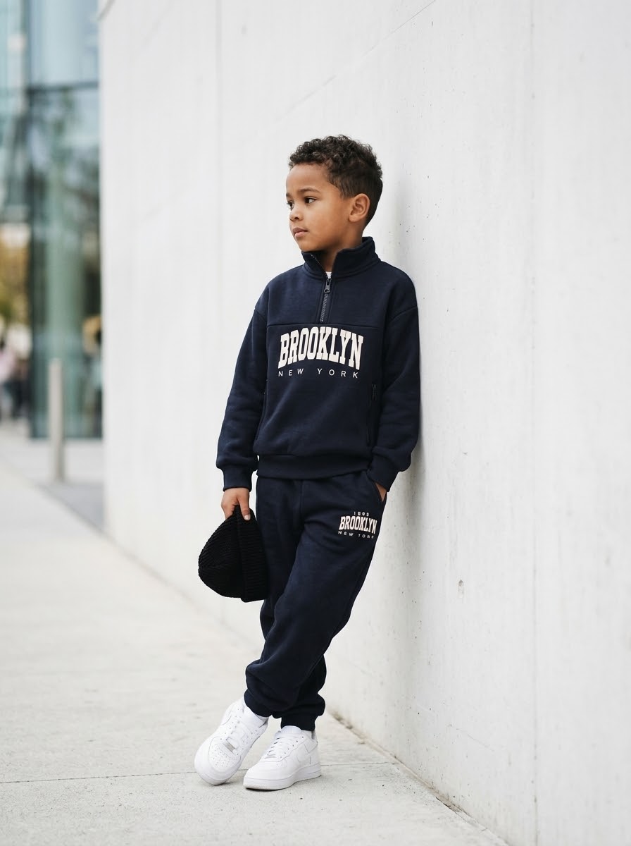 Ensemble Jogging Bleu Marine Garçon Brooklyn New York | Sweat Col Camionneur & Pantalon