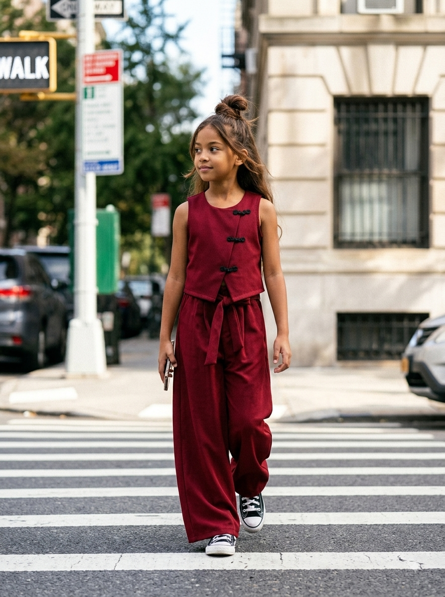 Ensemble Tailleur Fille Rouge Bordeaux – Gilet sans Manches & Pantalon Fluide