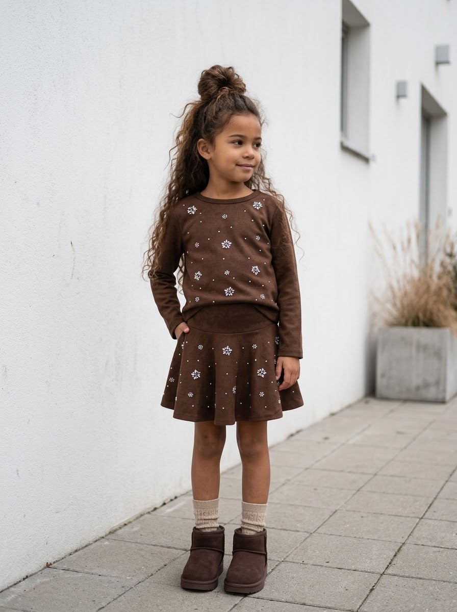 Ensemble Marron Fille Haut et Jupe à Strass | Mode Enfant – Alaya-K