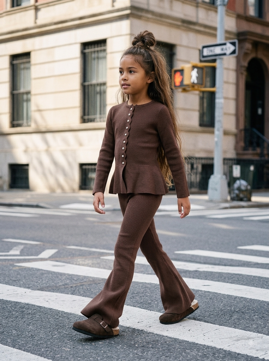 Ensemble Fille en Maille Côtelée Marron Chocolat – Gilet Festonné & Pantalon Flare