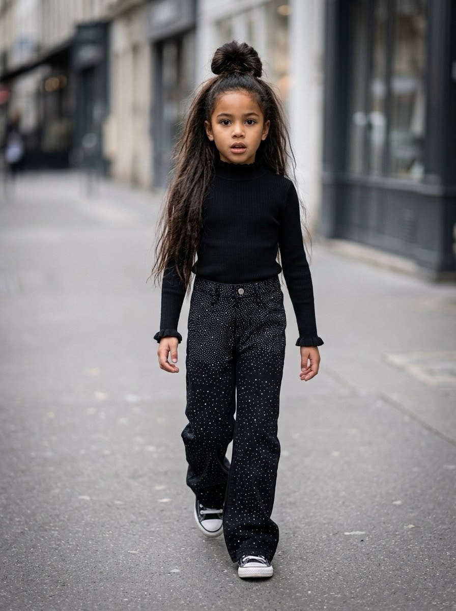 Jean droit ou large noir strassé enfant