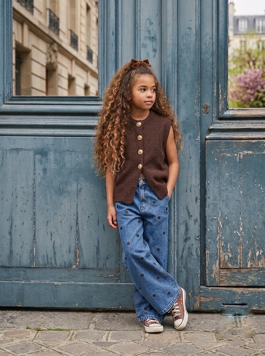 Jean large en denim à pois marron enfant