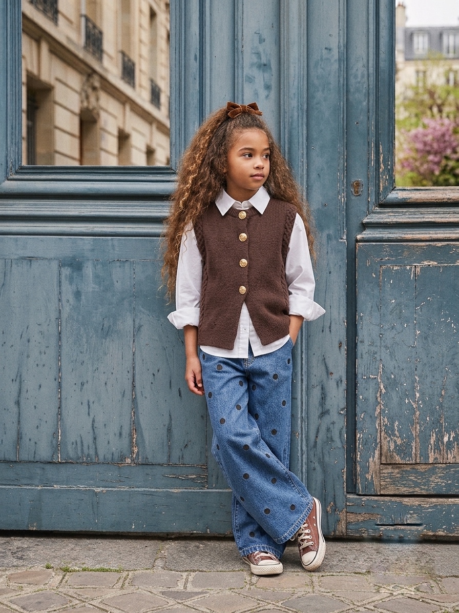 Gilet Sans Manches Enfant en Maille Marron – Boutons Dorés Chic