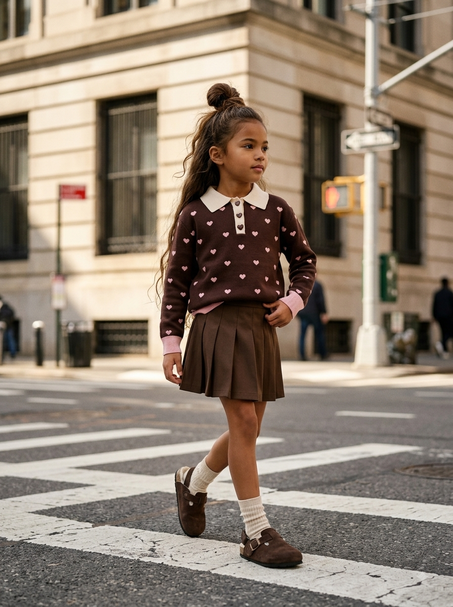Pull Col Polo à Cœurs Enfant – Chocolat & Rose
