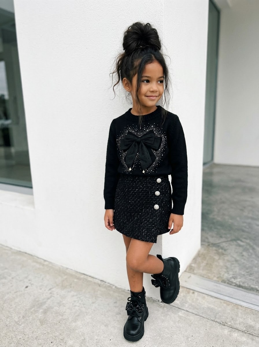 Pull Noir Fille Chic avec Nœud et Strass | Mode Enfant Festif – Alaya-K