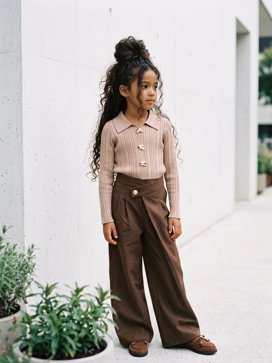 Pull Côtelé Taupe Fille Col Polo et Boutons Dorés Organiques | Mode Enfant Chic
