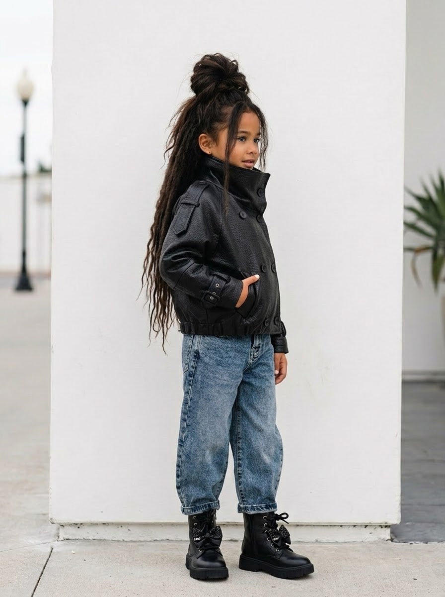 Veste de mi-saison style aviateur et perfecto en similicuir noir pour enfant