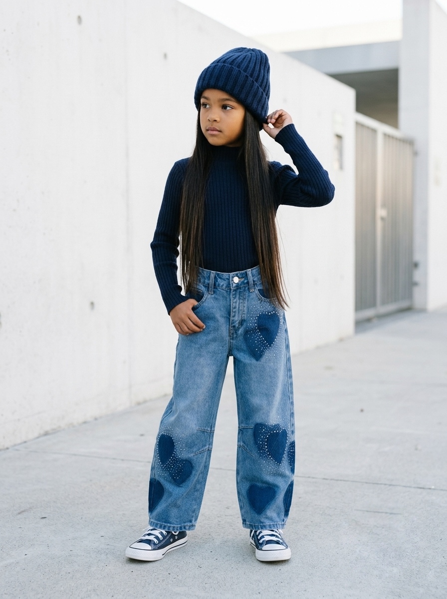 Jean Large Imprimé Cœurs & Strass Enfant