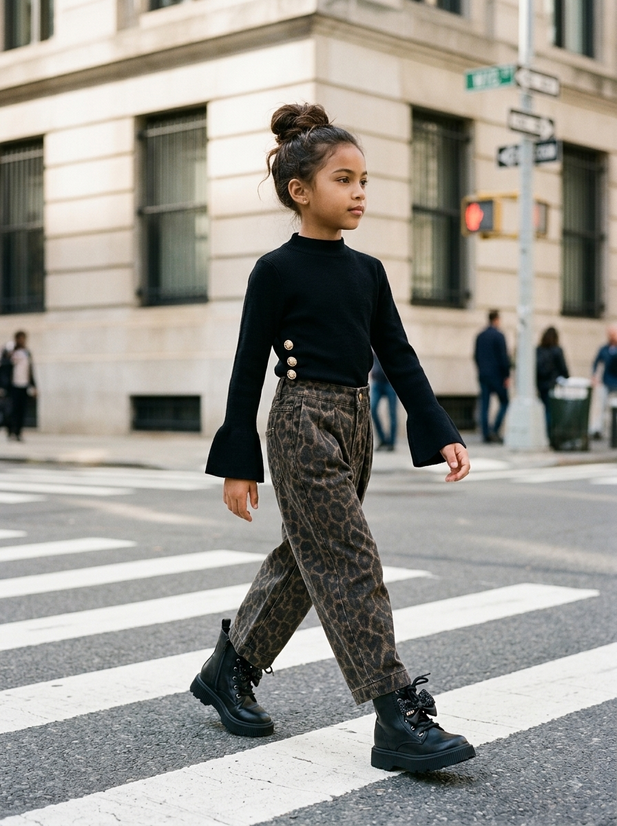 Jean Fille Imprimé Léopard Coupe Carotte – Pantalon Denim à Pinces Chic & Tendance