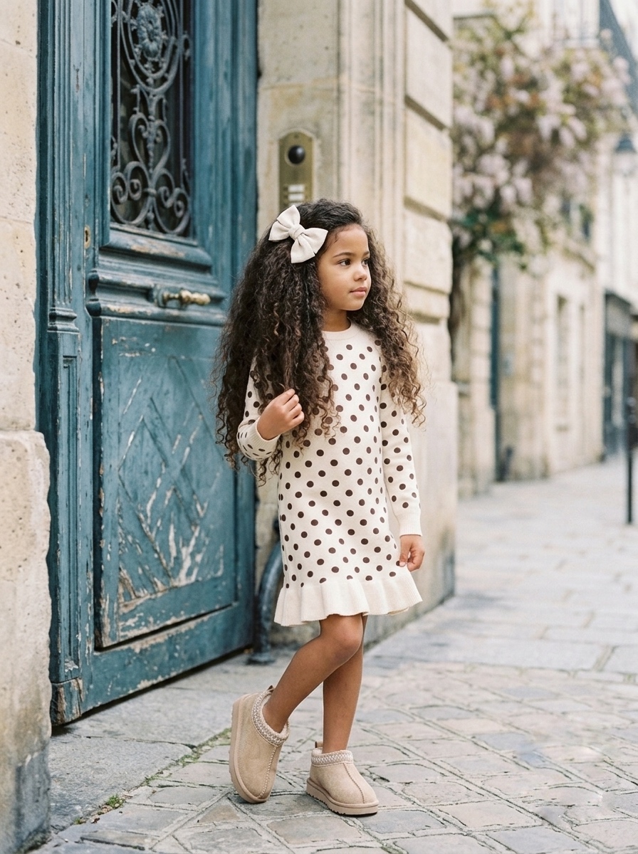 Robe Pull Enfant en Maille à Pois