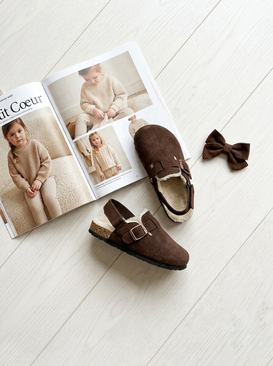 Sabots Fourrés Enfant Marron Chocolat Effet Suédine avec Bride Ajustable