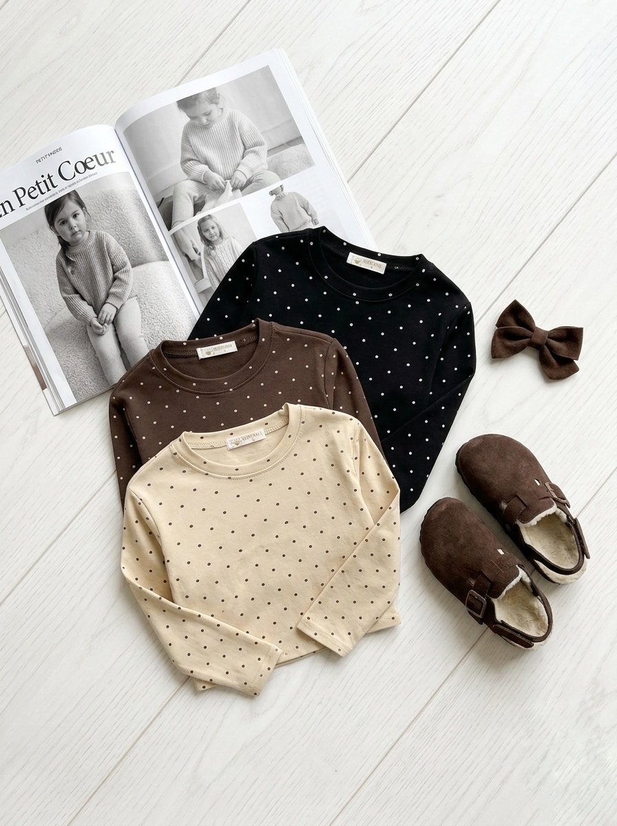 Top Manches Longues Enfant à Pois – Beige et Marron