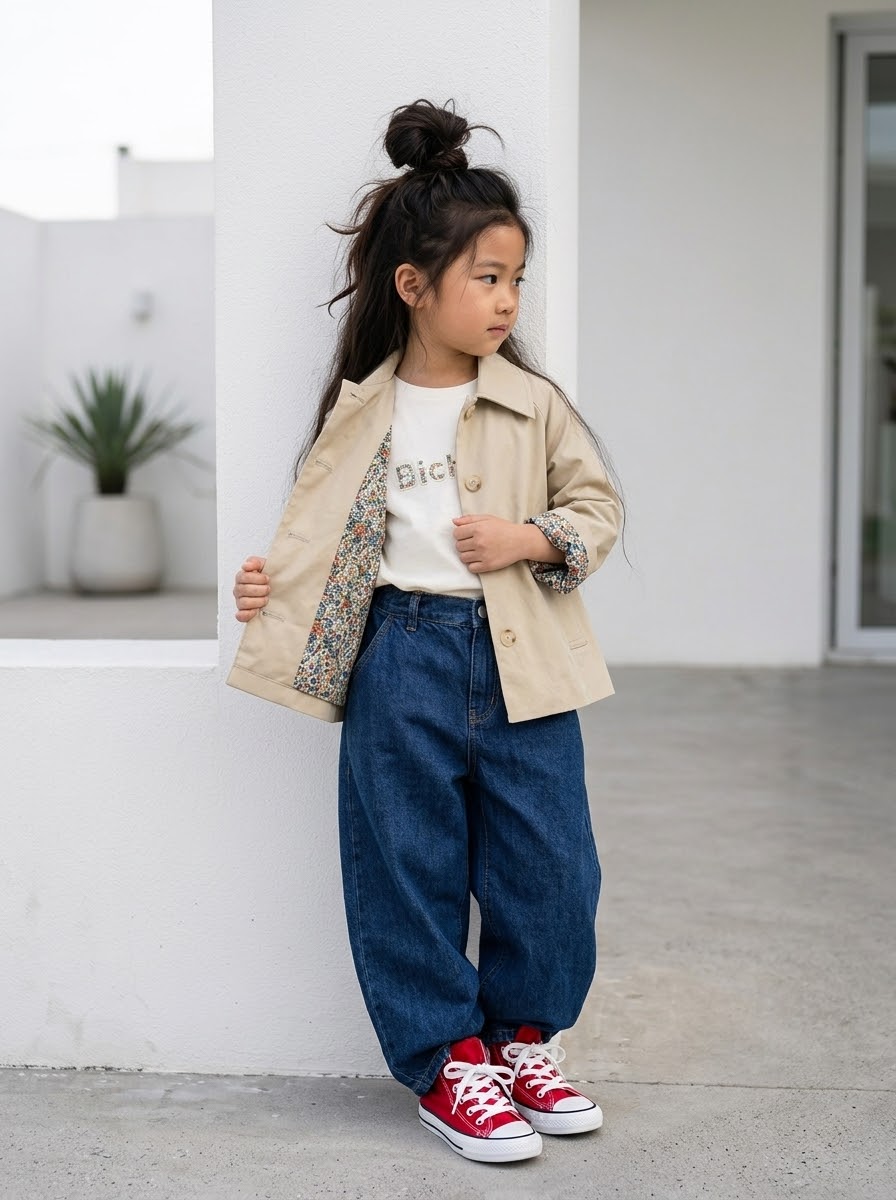 Trench Court Beige Enfant – Veste Mi-Saison à Doublure Fleurie