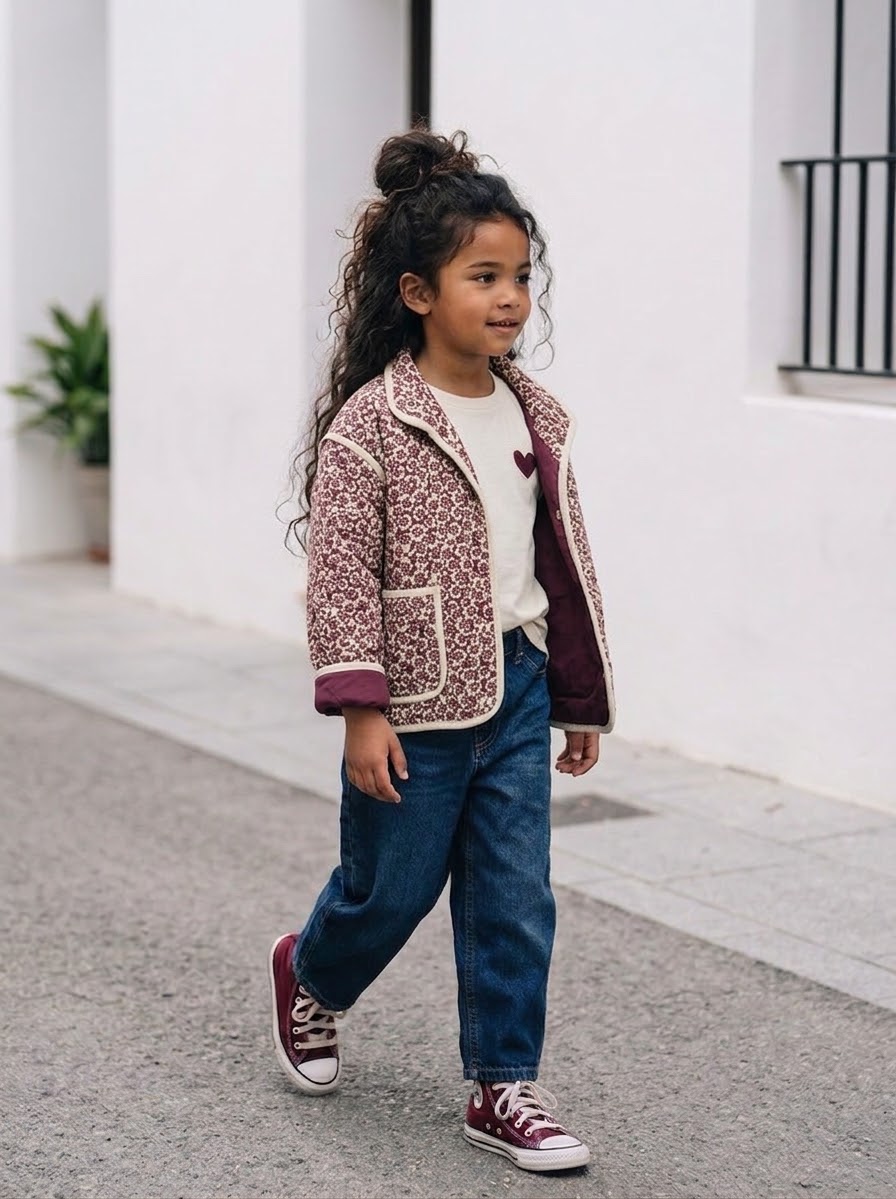 Veste Matelassée Fleurie Bordeaux Enfant – Veste Mi-Saison Rétro Bohème