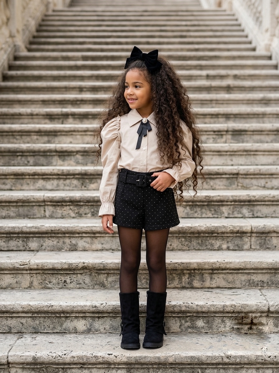 Short Noir Taille Haute Ceinturé à Strass Fille – Look Fête & Citadin