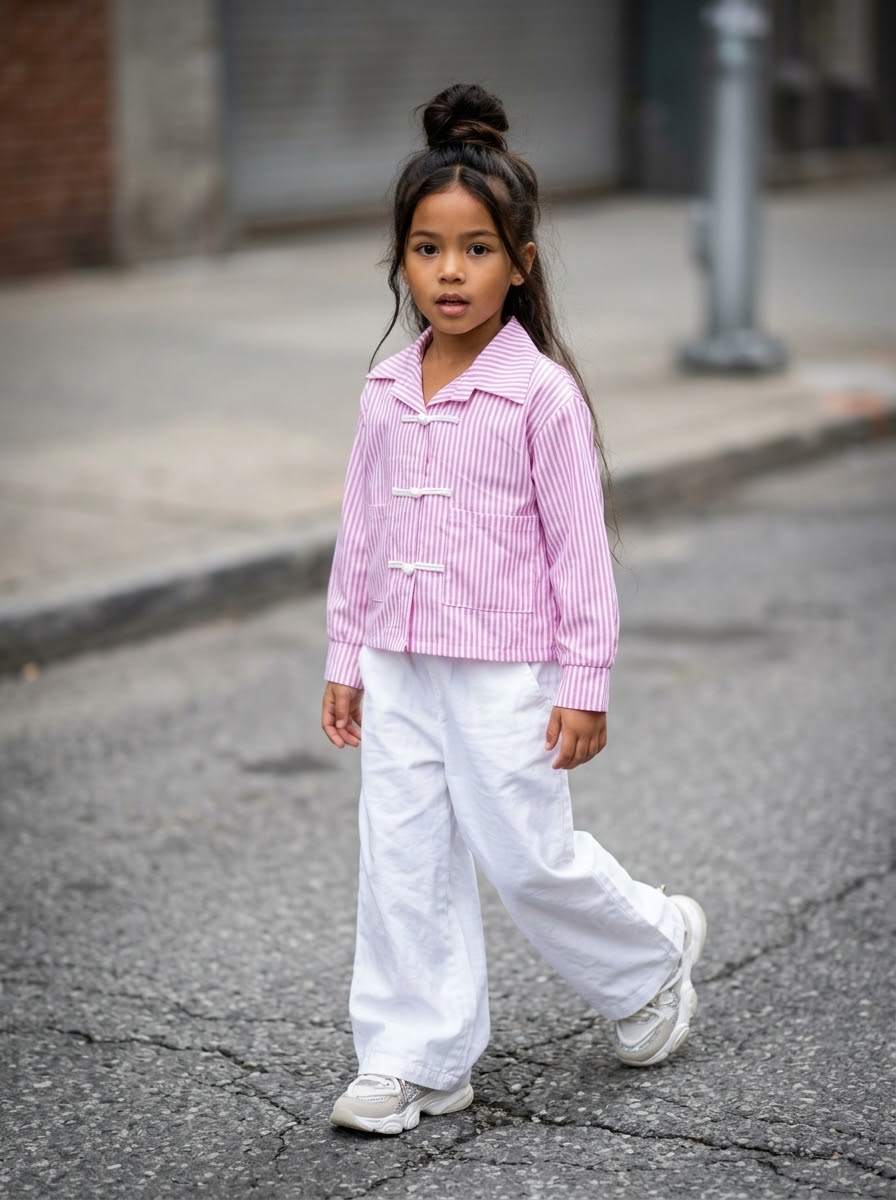 Chemise Rayée Rose et Blanche Fille à Boutons Brandebourgs