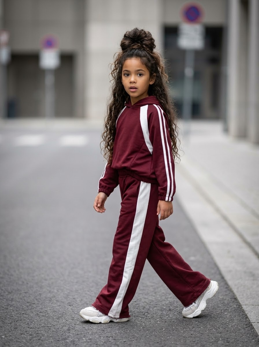 Ensemble de Survêtement à Capuche Enfant Streetwear – Bordeaux & Bandes Blanches