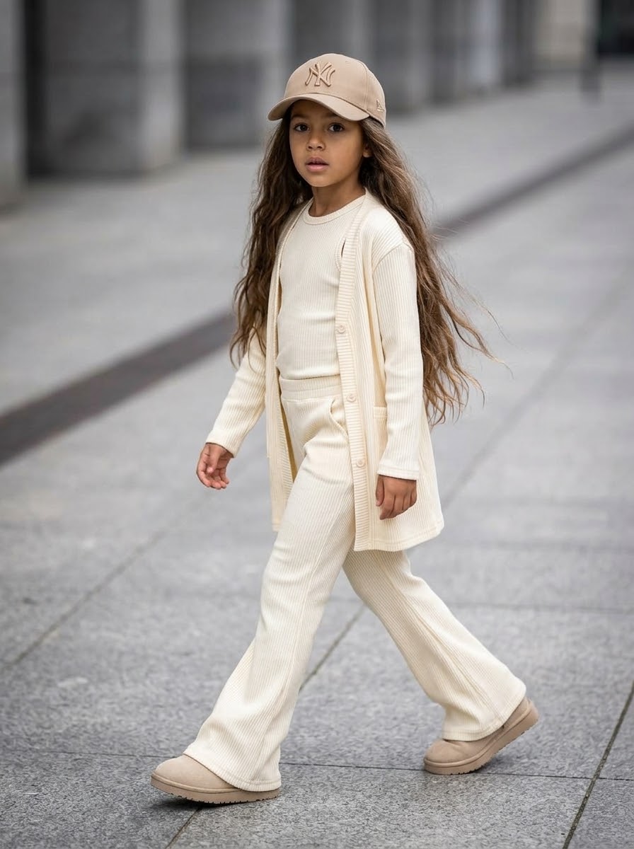 Ensemble 3 Pièces Côtelé Beige Écru Enfant – Gilet Long, Débardeur & Pantalon Flare