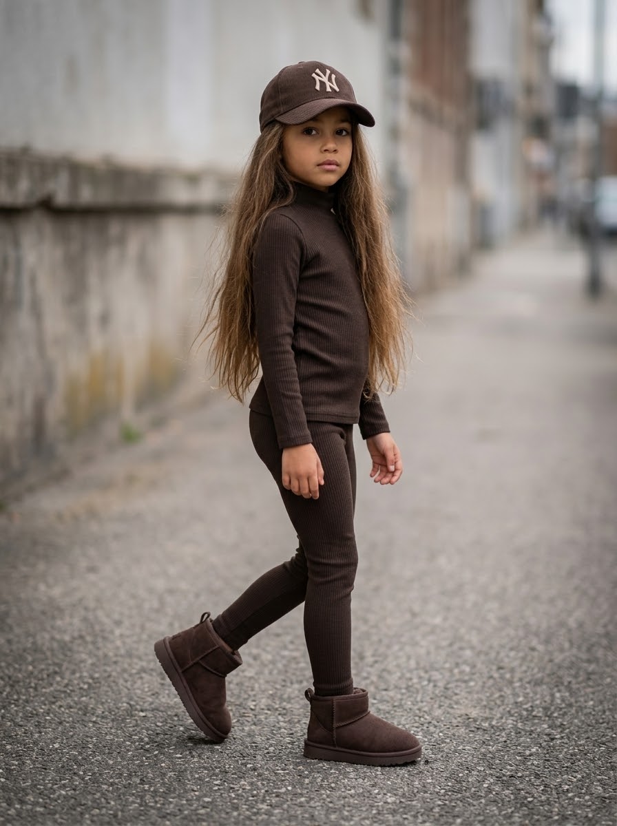 Ensemble 2 pièces en maille côtelée col montant et legging – Noir & Marron chocolat