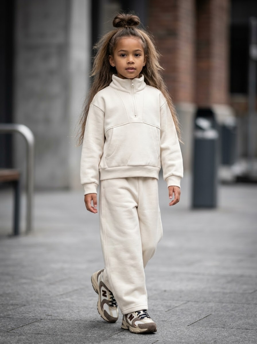 Ensemble de Survêtement Beige Écru Enfant – Pull Col Camionneur & Pantalon Large