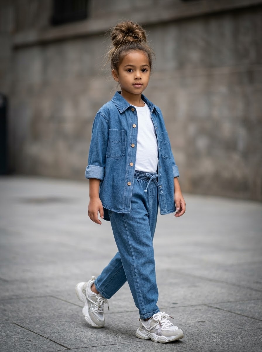 Ensemble Denim Enfant Indispensable – Chemise à Poches & Pantalon Jogger