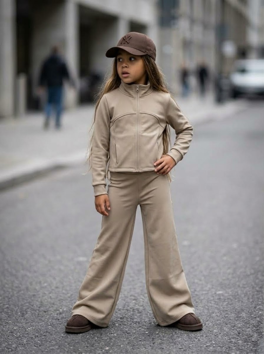 Ensemble de Sport Enfant Beige Veste Zippée et Pantalon Flare Évasé
