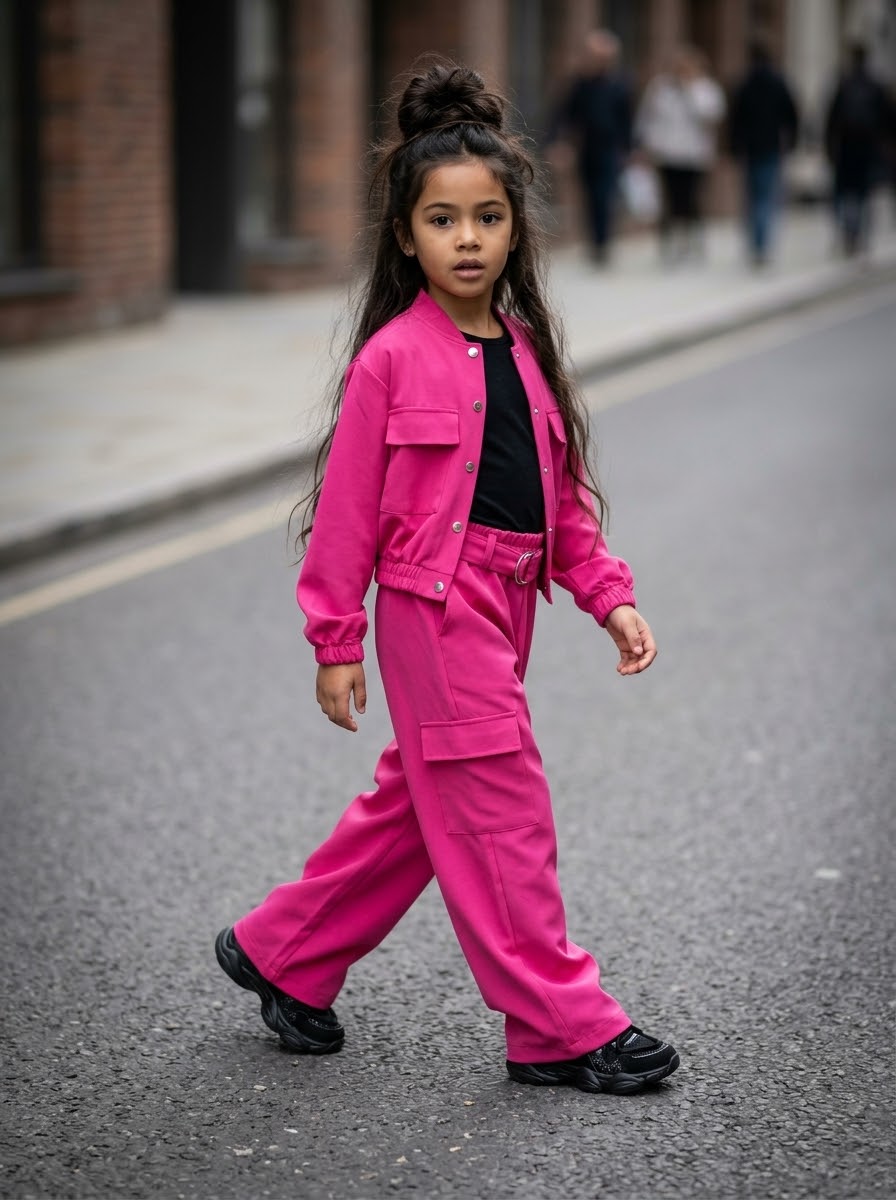 Ensemble 2 Pièces Fuchsia Enfant – Blouson Court à Poches & Pantalon Cargo Ceinturé