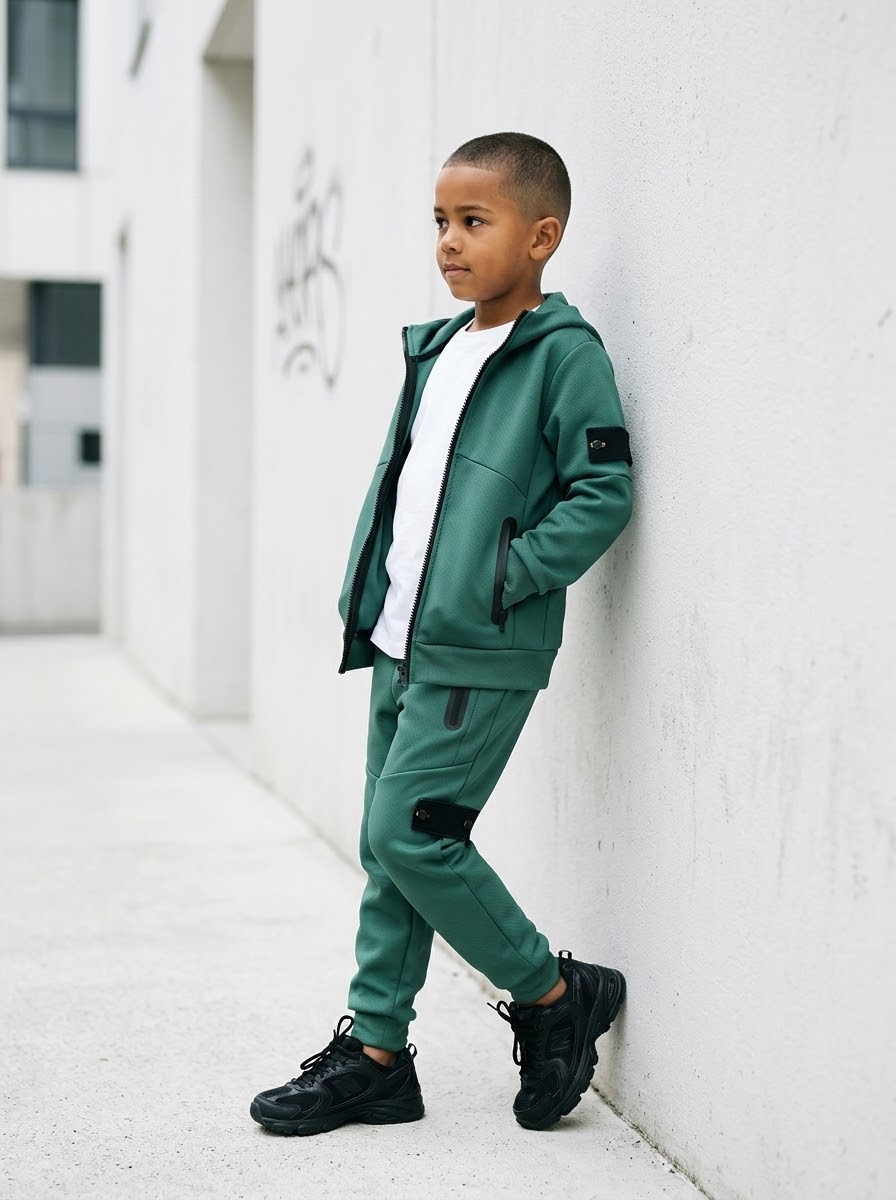 Ensemble Survêtement Tech Vert Sauge Enfant – Veste Zippée à Capuche & Pantalon Jogger