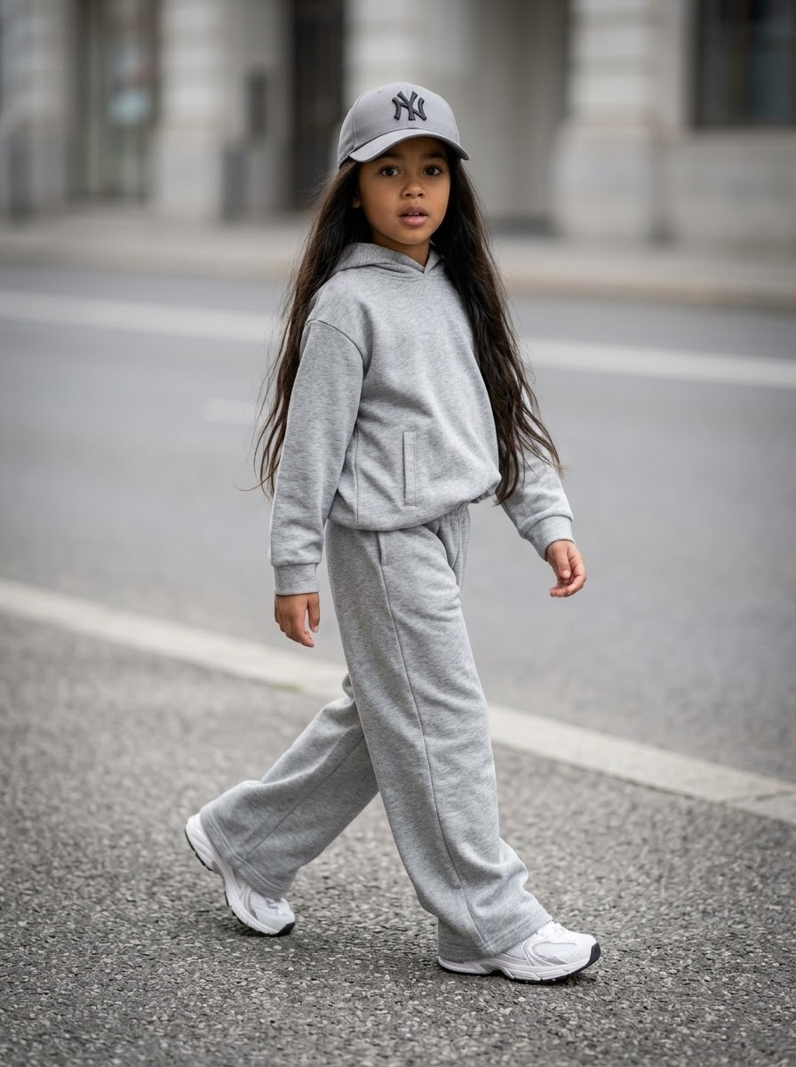 Ensemble Jogging Enfant Gris Chiné – Sweat à Capuche & Pantalon Large Casual