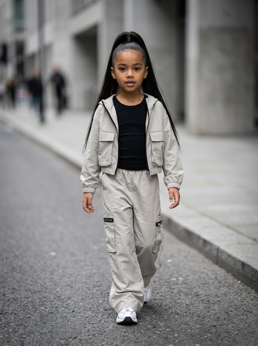 Ensemble Cargo Streetwear 2 Pièces Enfant – Veste Zippée à Capuche & Pantalon Ample – Gris Pierre