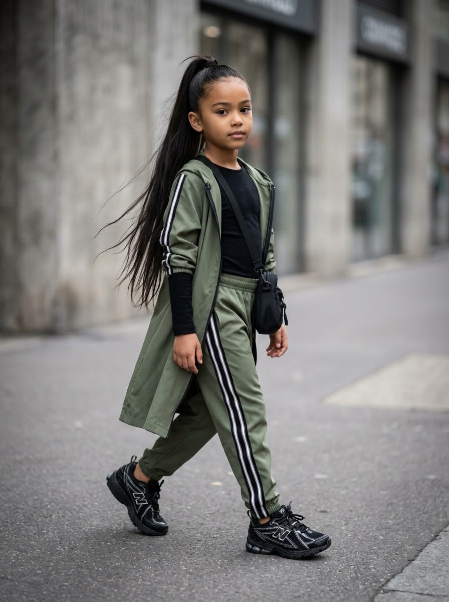 Ensemble sportswear veste longue à capuche et jogging à bandes – Vert kaki