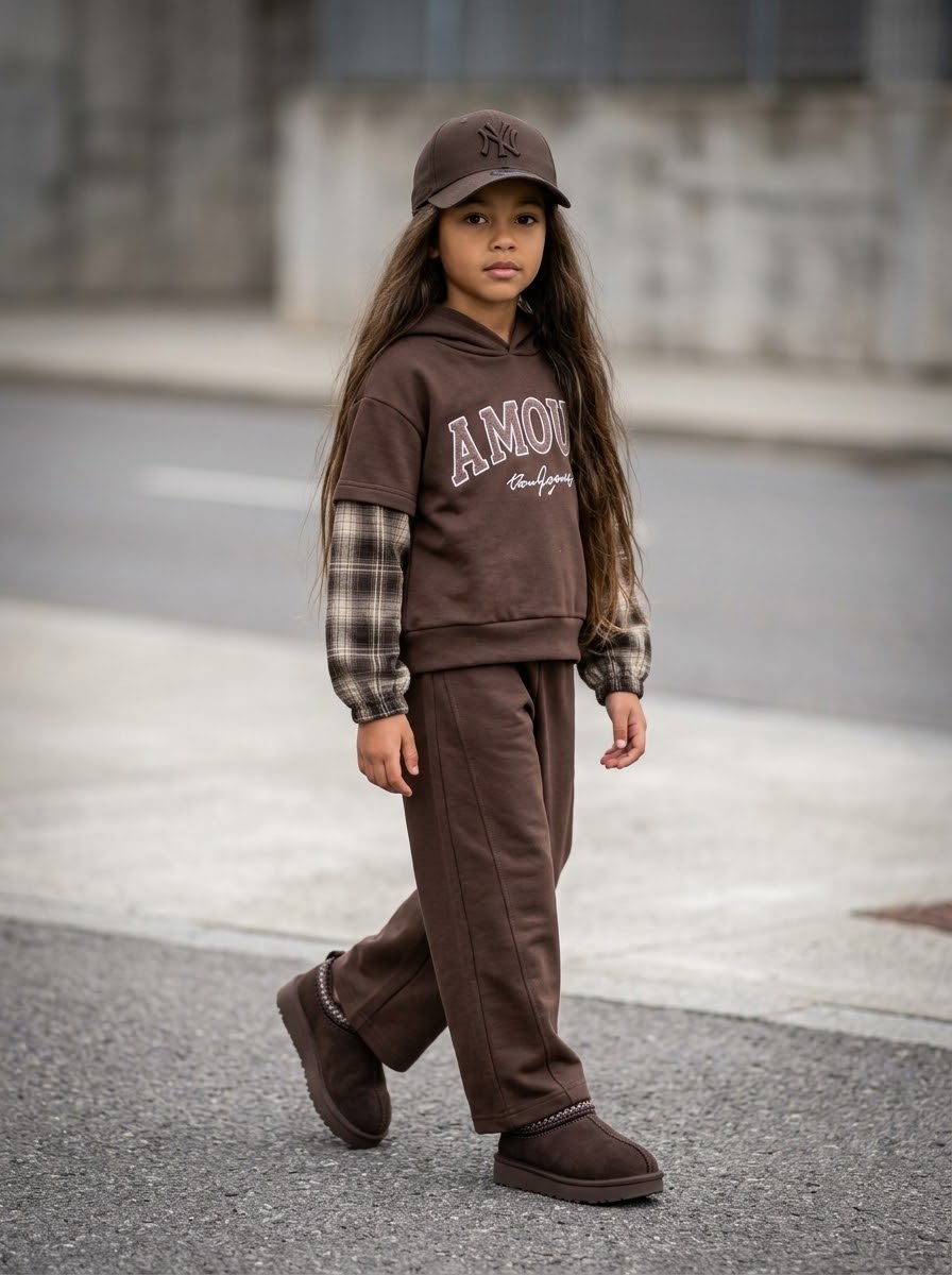 Ensemble 2 Pièces Marron Enfant « Amour » – Sweat à Capuche Manches Carreaux & Pantalon Droit