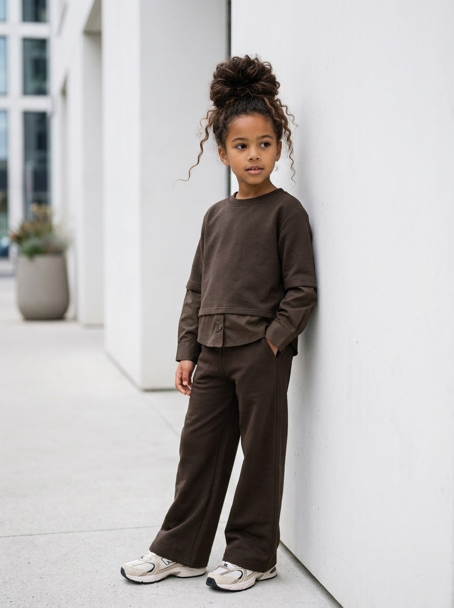 Ensemble 2 Pièces Marron Enfant – Sweat Effet Superposition Chemise & Pantalon Droit