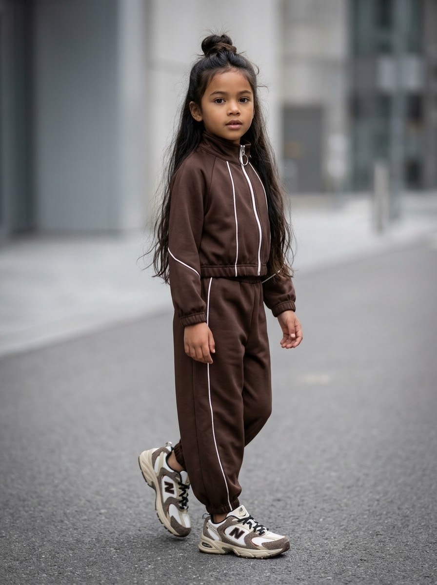 Ensemble Survêtement Marron Chocolat pour Enfant avec Liserés Blancs Rétro