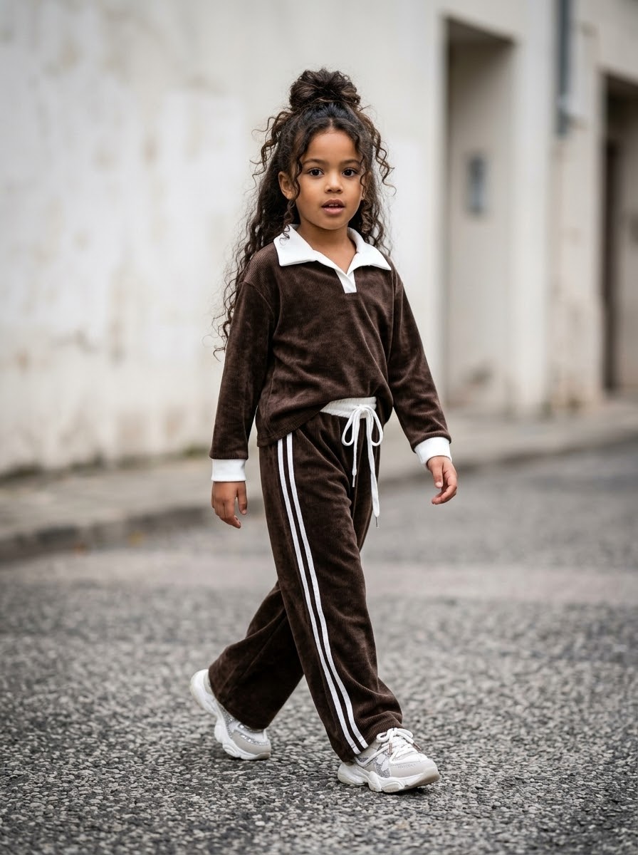 Ensemble 2 Pièces Velours Côtelé Marron Enfant – Polo Col Blanc & Pantalon Rétro Sport