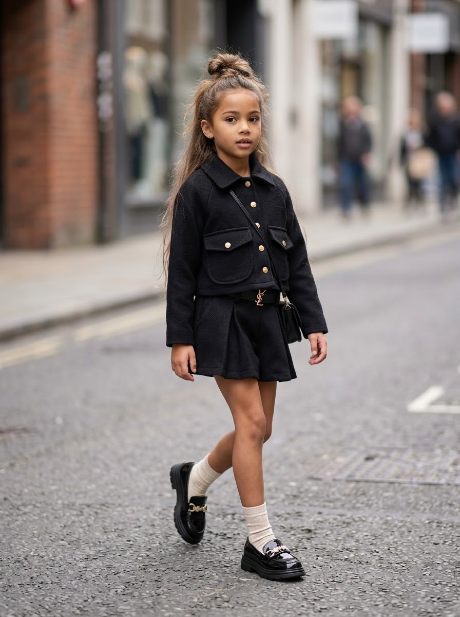 Ensemble Tailleur 2 Pièces Noir Enfant – Veste Courte Boutons Dorés & Jupe-Short Plissée Ceinturée