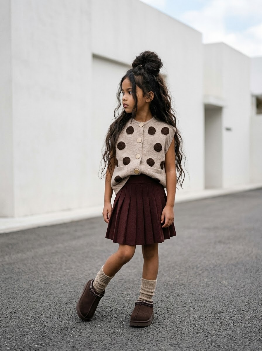 Gilet Sans Manches Enfant Écru à Pois Marron – Tendance et Douillet