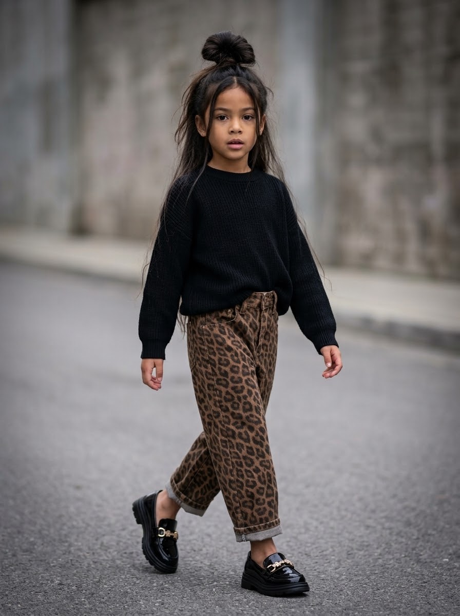 Jean Léopard Enfant Coupe Droite Large Marron Foncé