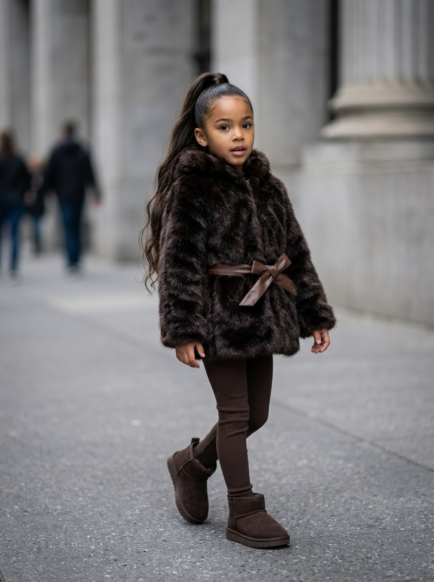 Manteau à capuche en fausse fourrure avec ceinture à nouer – Marron chocolat
