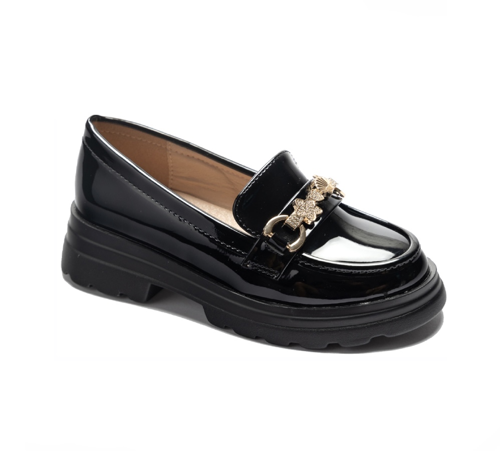 Mocassins Vernis Noirs pour Fille avec Chaîne Dorée – Semelle Épaisse Confort