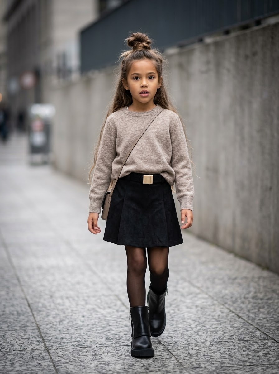 Jupe en Suédine Noire Enfant avec Ceinture et Boucle Dorée