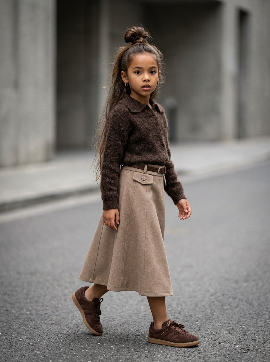 Jupe Trapèze Mi-Longue Beige avec Ceinture